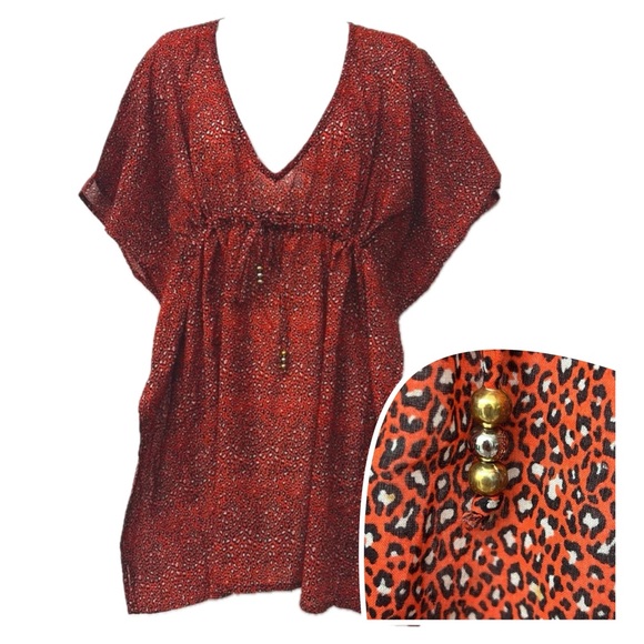 ECHO | Animal Print Red Cotton Caftan Cover-Up - Picture 3 of 12